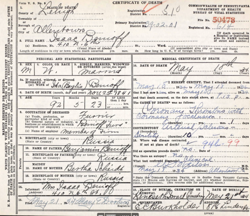 Death Certificate of Isaac Benioff - 1934