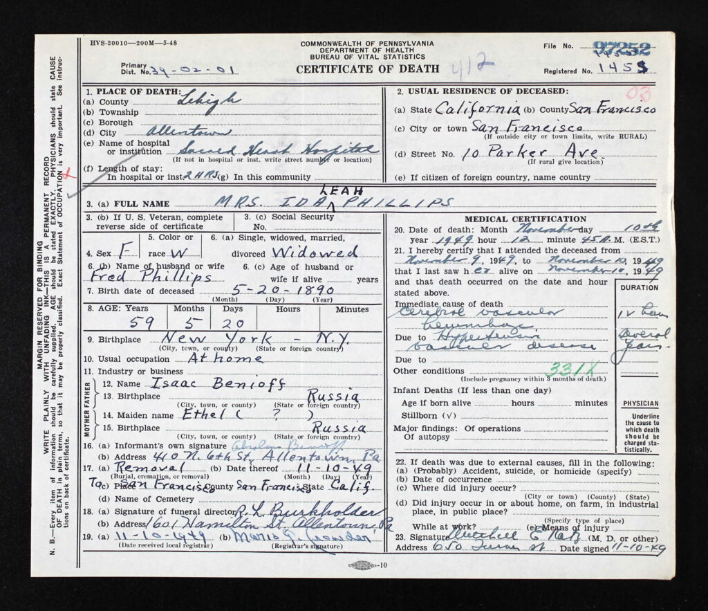 Death Certificate of Ida Lea Benioff Phillips - 1949