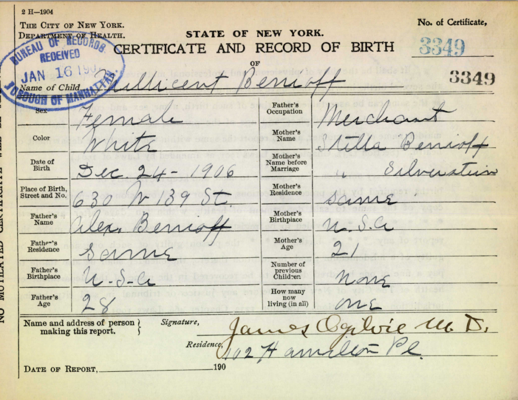 Millicent Benioff Birth Record - 1906