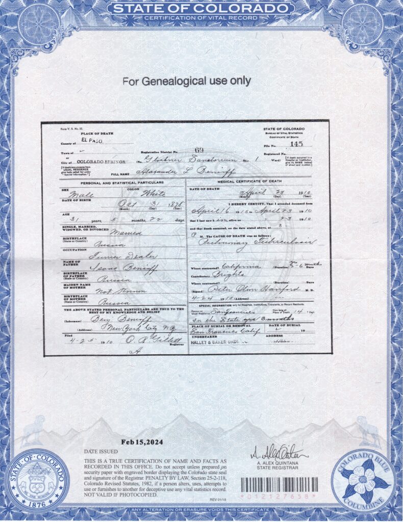 Death Certificate for Alexander L. Benioff - 1910