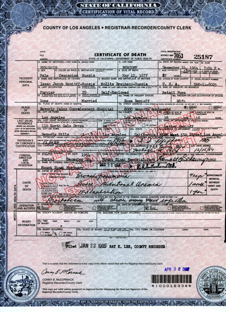 Death Certificate of Benjamin Benioff - 1964