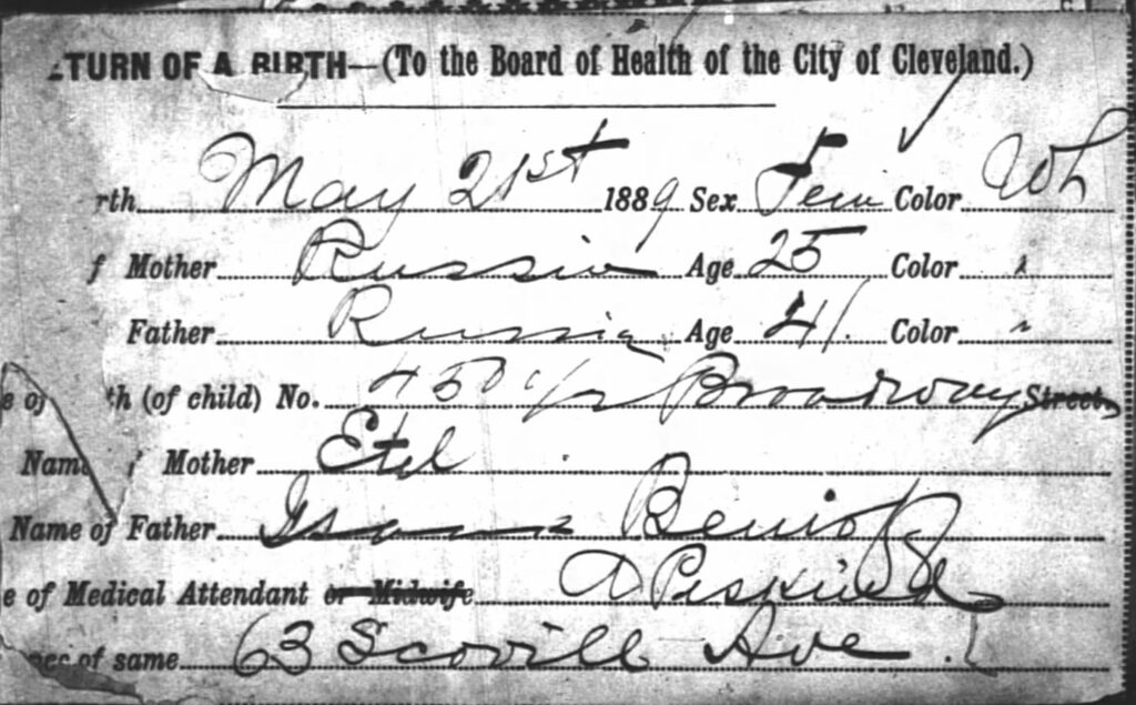 Bertha Benioff's Birth Record in Cleveland, OH; May 21 1889.