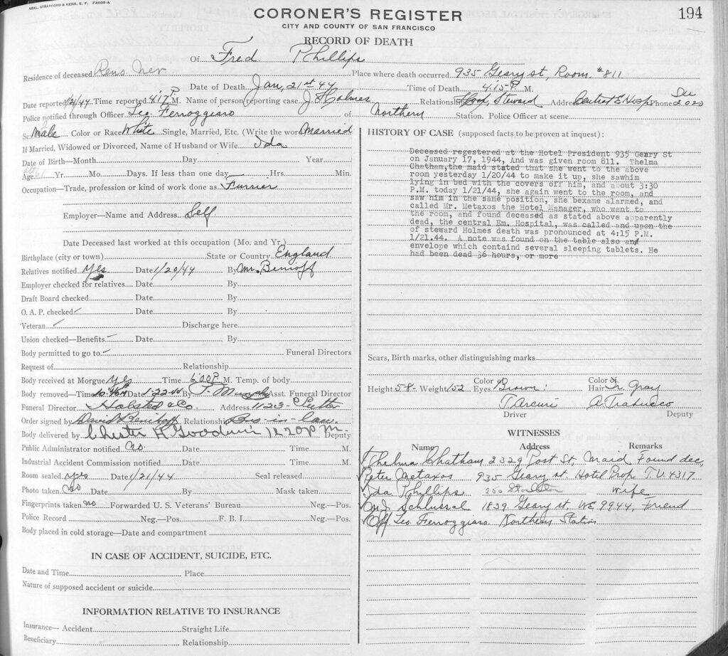 Coroner's Register for Fred Phillips - 1944
